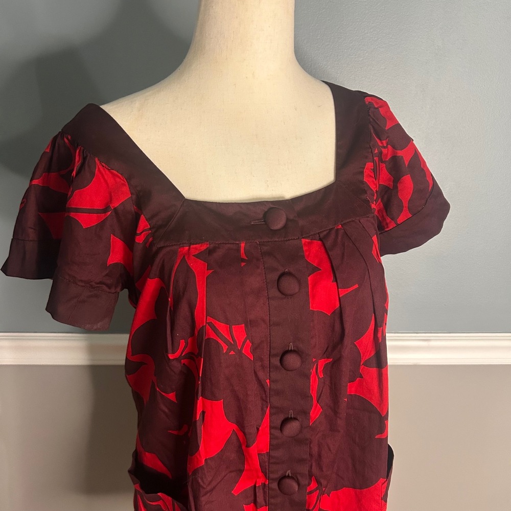 French‎ Connection Floral Print babydoll Dress Pockets Button Front Red Brown - Picture 3 of 8
